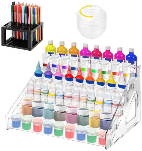KYYGKY 6 Layer Acrylic Paint Organizer Craft Paint Storage Rack Clear Paints Bottle Holder Shelf Paints Bottles Display Organizer with Brush Holder, Brush Washer for Miniature Set