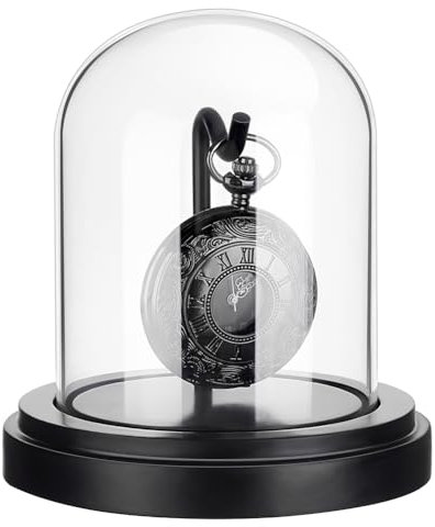 PH PandaHall 7.6x10.5cm Vetro a Cupola per Orologio Vintage Espositore per Orologio da Tasca, Campana in Vetro con Base in Legno Nero e Gancio in Metallo per Orologi da Tasca