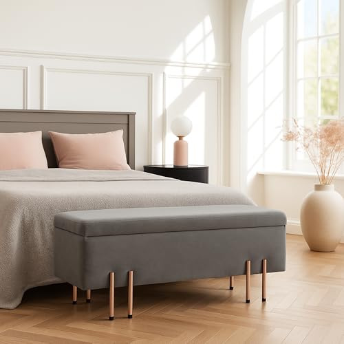 [en.casa] Banc de Rangement Coffre Bout de Lit Pouf Pliable Banquette Ottomane Tabouret Siège Repose-Pieds Meuble de Salon Chambre Couloir Bureau Velours 118 x 40 x 42 cm Gris