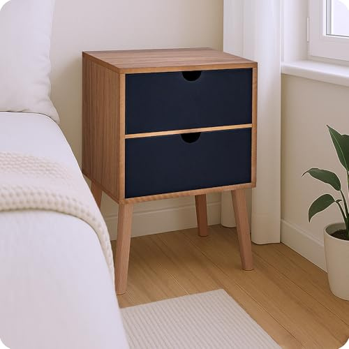 POSNORD Nachttisch mit 2 Schubladen 34,5 x 55,5 x 30 cm [B x H xT ] | Nachtschrank mit Massivholz Beinen | Nachtkommode Schmal & Modern 50 oder 55 cm Hoch | Nachttisch Eiche/Schwarz