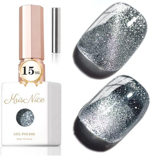KRISNICE Cat Eye Gel Nail Polish, Silver Platinum Cat Magnetic Gel, Sparkle Glitter Magnetic Soak Off U v Nail Diy Art Manicure Nail Salon Varnish (0.5 Oz-MY018)