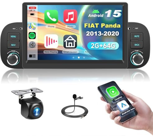2G&64G 7 Autoradio per FIAT Panda 2013-2020 con Carplay Android Auto Wireless Android 15,Touchscreen Bluetooth RDS/FM Radio,Mirror link,Wi-Fi GPS Navi,Telecamera posteriore AHD