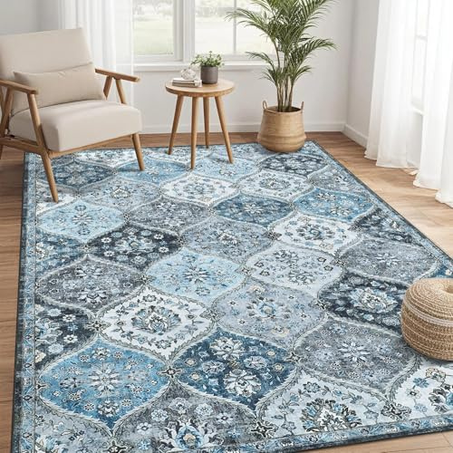 LuxFocus Waschbarer Vintage Teppich 120x170 cm Blumen Kurzflor Grau Blau | ca. 6mm Ultradünn, Teppich für Wohnzimmer Schlafzimmer Kinderzimmer, marokkanisch, boho, floraler, rutschfest, faltbar