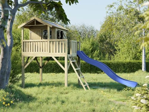 Prestige Garden Stelzenhaus Funny XXL KDI | 285x188x303 cm | Kesseldruckimprägniertes Kiefernholz | Mit Veranda, Balkon & Blauer Rutsche | 146 cm Podest | Kinder Outdoor Spielhaus