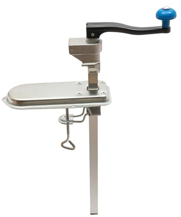 Commercial Can Bench Opener, 7.9in Long, Manual Table for Up to 15in Tall, Fixed with Clamp or Screws, Ergonomic Swing Handle & One Spare Knife, Restaurants, Stainless Steel, Silver