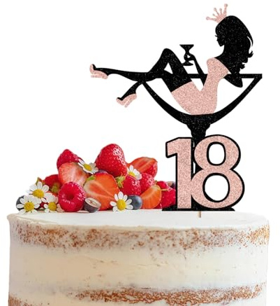 TESGADGETS 18 Geburtstag Cake Topper Glitter Rotweinglas Mädchensilhouette Tortendeko High für Mädchen Lady Bachelorette Thema Geburtstag Party Tortendeko, Roségold