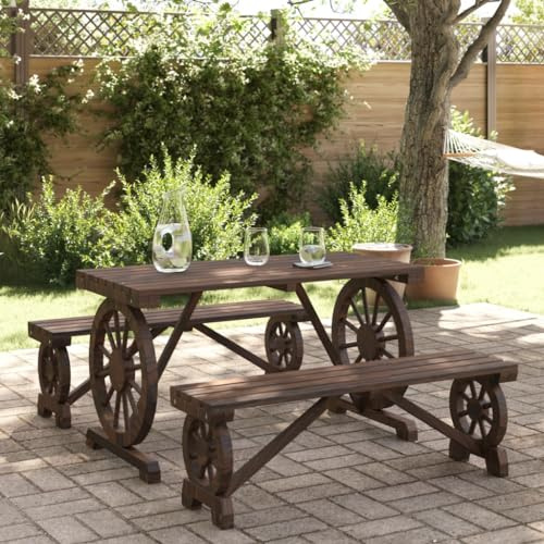 Holamys 3-TLG. Garten-Essgruppe Massivholz Tanne, 115x55x65 cm Tisch, Outdoor Möbel Set, Balkon Essgruppe mit 2 Bänken, rustikales Design