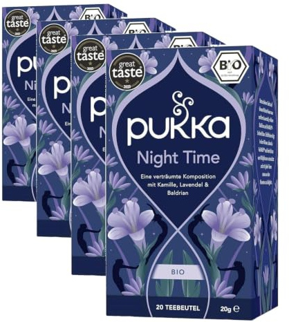 Pukka | Bio-Kräutertee „Night Time“ | Kamille, Lavendel, Lindenblüten und Baldrian | 20 Teebeutel (Packung mit 4)