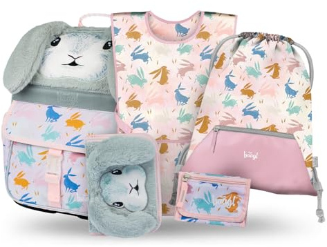 Baagl Schulranzen Jungen Mädchen Set 5 Teilig (Zippy Schultasche für 1. Klasse, Mäppchen, Turnbeutel, Schürze, Brustbeutel), Grundschule Ranzen, Ergonomischer Schulrucksack, 18 l