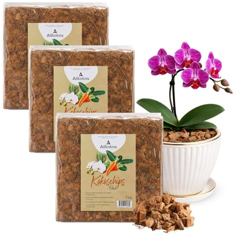 Allkokos 3x5kg hochwertige Kokoschips für Pflanzen & Blumen | 5kg Block als Orchideenerde & Kokos Chips Substrat aus Kokosfaser für tropische Pflanzen – luftdurchlässig und torffrei