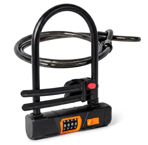 Bike Lock Combination, D Lock with Cable, 4 Digit Alloy Steel, Black Orange