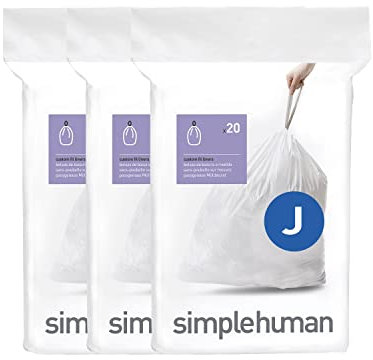 simplehuman CW0259 3 x paquete de 20 bolsas de basura a medida (60 bolsas), código J, plástico blanco