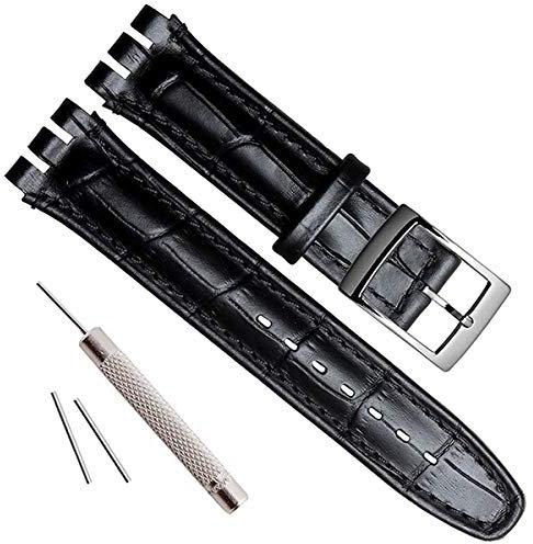 Uhrenarmband aus genarbtem Rindsleder, Edelstahl-Schnalle, für Swatch (19 mm, schwarz)