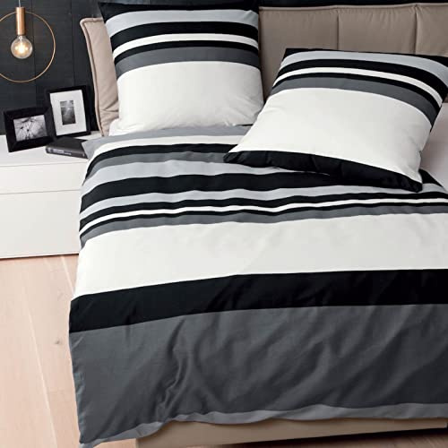 Janine Bettwäsche J.D. 8478-08 Schwarz Graphit Weiß Gestreift Streifen Design Baumwolle Mako Satin, Größe:200 cm x 200 cm