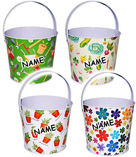 1 Stück Metalleimer - Bunte Garten & Blumenmotive - incl. Name - Mini - Metall Eimer - Sandeimer/Kräuter/Gemüse/Blumen - großer - bunt Mädchen und..