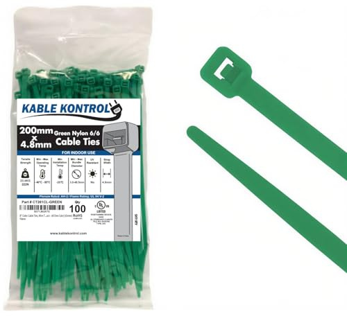 Kable Kontrol Green Cable Ties, 200 mm x 4.8 mm, Pack of 100, 8 Premium Nylon Zip Ties, Multi-Purpose Plastic Tie Wraps, Secure Self-Locking Mechanism, for Home, Garden, Office and DIY