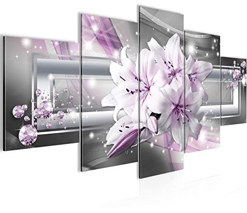 Runa Art - Bilder Blumen Lilien 200 x 100 cm 5 Teilig XXL Wanddekoration Design Grau Lila 021751b