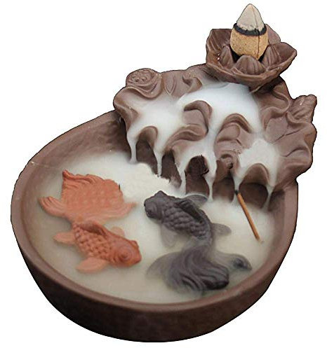 Handmade Backflow Incense Burner,Backflow Incense Burner Incense Holder for Home Office Bedroom Yoga Decoration with 10 Pcs Free Cones and Exquisite Present Box Best Gift (Double Fish)