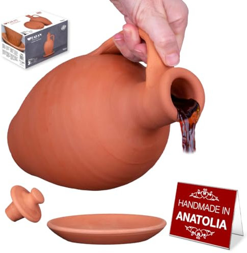 Hakan 51 oz (1.6 Qts) Natural Clay Water Pitcher Set | Unglazed Terracotta Carafe & Plate | Traditional Mud Jug | Pottery Jar for Drinking Water