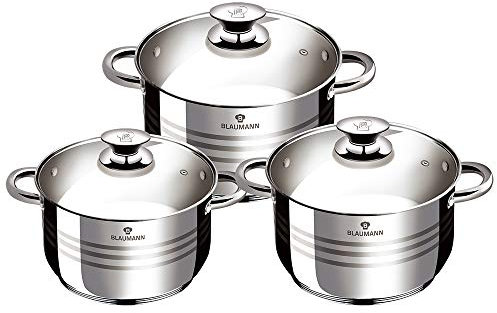Blaumann Stainless Steel Non-Stick Cookware Set, 3 Pots with 6.1L Capacity, Induction Compatible, Silver