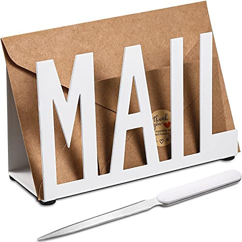 Mail Halter Metall Brief Sortierer Tabletop Mail Ausgeschnitten Organizer Mail Brief Dokumenten Ständer mit Brief Öffner für Desktop Haus Büro Schule (Weiß Reguläres Skript)