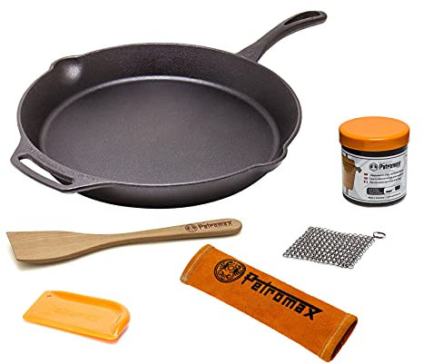 Petromax Feuerpfannen mit Stiel Profi Set + Griffhülle + Spachtel + Schaber + Paste + Scrub (Ø25 mit Stiel)