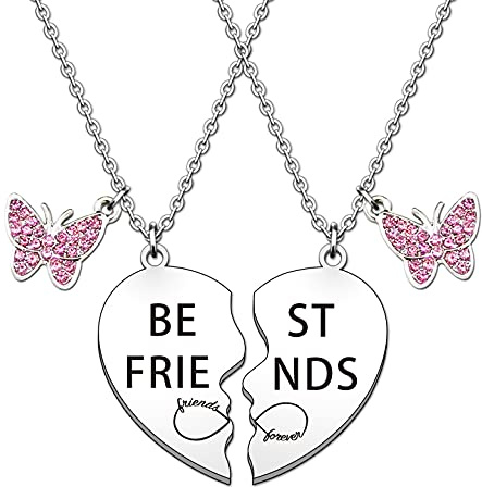 HULALA Colliers pour meilleure amie pour 2 filles - Cadeau d'amitié - Puzzle en forme de cœur - Pendentif papillon en strass rose