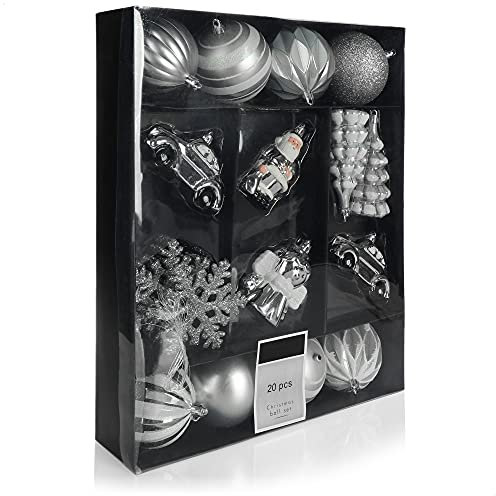 com-four® 20-teiliges Set Hängedeko Weihnachten - Christbaumkugeln in verschiedenen Formen aus bruchsicherem Kunststoff für Weihnachten - Christbaumschmuck (silberfarben - 20-teilig)