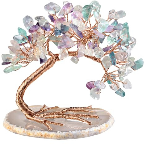 Nupuyai Fluorit Edelstein Baum Geldbaum Feng Shui Kristall Hochzeit Deko | Wunsch Kristallbaum mit Achat Scheibe Basis, Heilstein Glücksbaum, kristall Lebensbaum Hochzeit Geschenk Wohn Deco