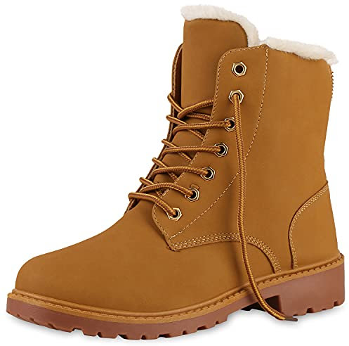 VAN HILL Warm Gefütterte Worker Boots Damen Outdoor Stiefeletten Robust 124553 Hellbraun 40