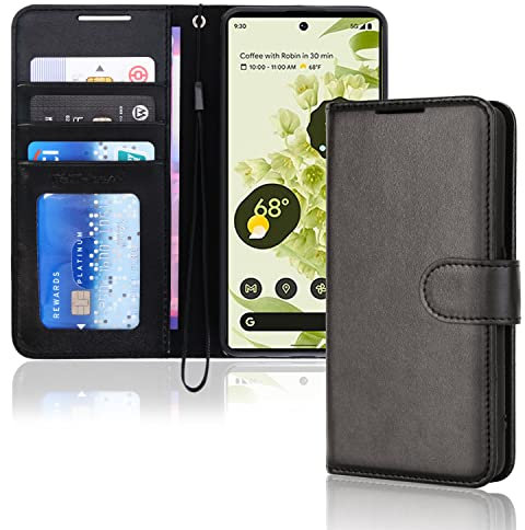 TECHGEAR Leder Hülle Pixel 6 Pro, PU Leder Flip Case Schutzhülle Ledertasche [Brieftasche] Handyhülle mit Ständer und Handschlaufe Beutel kompatibel mit Google Pixel 6 Pro - Schwarz