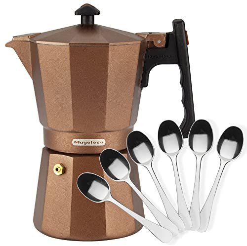Magefesa Jamaica - Pack Exclusivo Cafetera Italiana 9 Tazas + 6 Cucharas Moka, 450ml, Aluminio Extra Grueso, Todo Tipo de Cocinas, Inducción, Café
