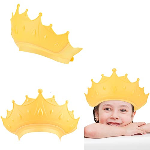 RosewineC 1 Pack Baby Shower Cap Shield for Eye and Ear Protection, Adjustable Hair Washing Bath Hat Shower Cap for Kids from 6 Months to 9 Years Old, Crown Shape (Yellow)