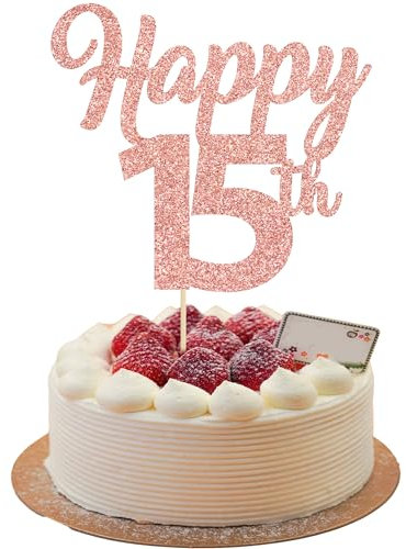 3 decorazioni per torta Happy 15th Birthday Gold Glitter Numero 15 Decorazioni per torte per quindici 15° compleanno decorazioni per torte per applausi fino a 15 anni, 15° compleanno, anniversario di