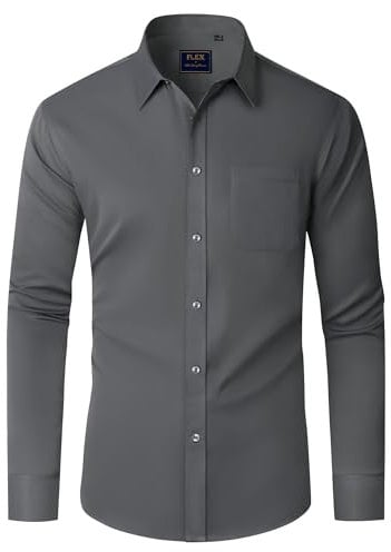J.VER Men's Long Sleeve Shirts Stretch Wrinkle Free Formal Dress Shirt Business Casual Wedding Work Office Button Down Shirts with Pocket Grey L