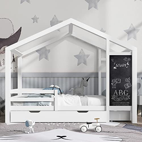 Kinderbett Hausbett 90 x 200 cm, Holzbett mit Tafel und 2 Schubladen, Massivholz mit Zaun und Lattenrost, Weiß (ohne Matratze)