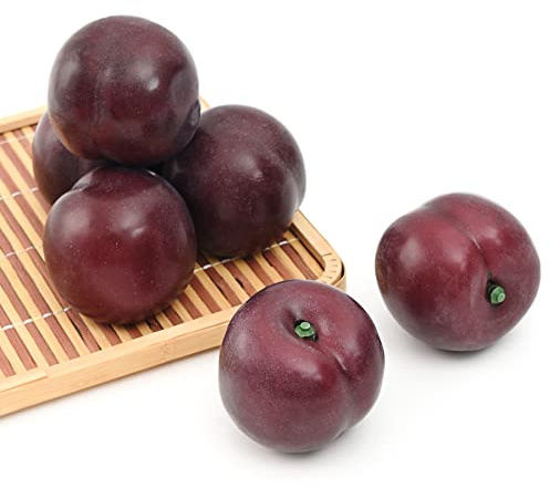 Luckforest Artificial Brin Plum, 6Pcs Purple Lifelike Simulation Realistic Black Plum Fake Fruit for Home Kitchen Cabinet Decoration Food Photography Props Model