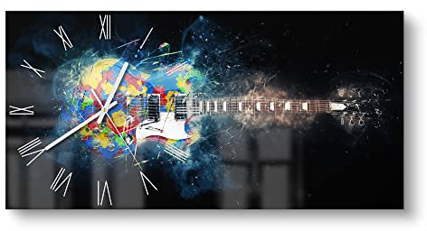 DEQORI Glasuhr | vertikal 60x30 cm | Motiv Zerspringende E-Gitarre | große XXL Design Uhr aus Glas | leise Wanduhr für Wohnzimmer & Küche | moderne Hingucker Uhr für die Wand