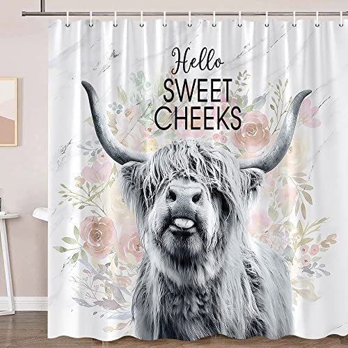 XHCEOH Farmhouse Highland Kuh Duschvorhang Lustig Grau Stier Wangen Rinder Blumen auf Marmor Western Farm Country Badezimmer Dekor Vorhänge mit Haken