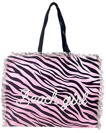 Borsa Mare Zebra con Zip Stampa Beach Girl 100% Cotone Canvas Misura 50x40x15cm Borsa Spiaggia (Rosa)