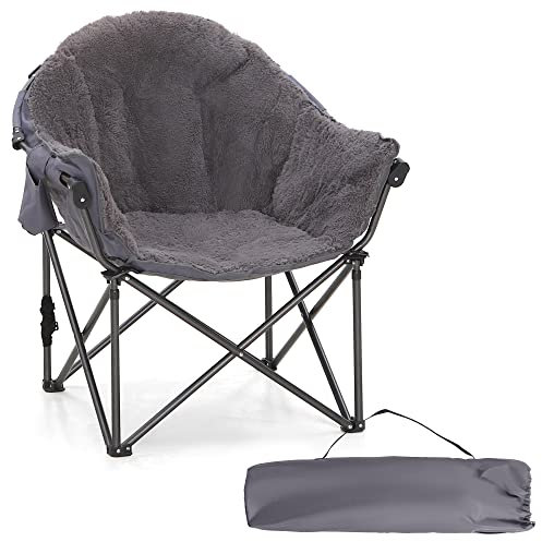 HIGH POINT SPORTS Campingstuhl Faltbar Moonchair XXL Campingsessel Rund Klappbar 150 kg Campingstühle Tragbar Klappstuhl Plüsch mit Getränkehalter für Indoor Outdoor(Grau)