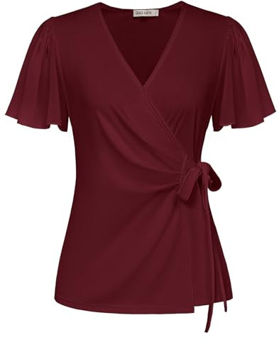 Blouse d'Été Femme Encolure V Cache-Cœur à Manches Courtes Top Femme Grande Taille Chic et Élégant XXL Bordeaux