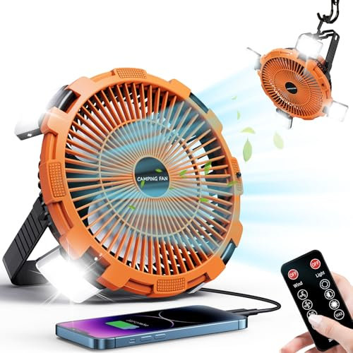 Ventilateur de camping portable 8000 mAh avec lanterne LED rechargeable, 4 vitesses, ventilateur alimenté par batterie avec crochet et télécommande, ventilateur de bureau USB personnel pour tente