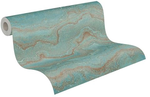 Livingwalls Tapete 396591 mit Marmoroptik - hochwertige Design Tapete Marmor in Blau, Petrol, Bronze - Wandtapete mit Glanzeffekt in Gold, Kupfer - 10,05m x 0,53m - Made in Germany