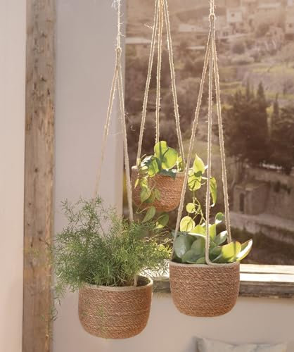 Dekoleidenschaft 3X Pflanzenampel Terra aus Seegras, braun, Blumenampel, Hängeampel, Pflanzkorb, Hängepflanztopf, Hängeblumentopf-Set