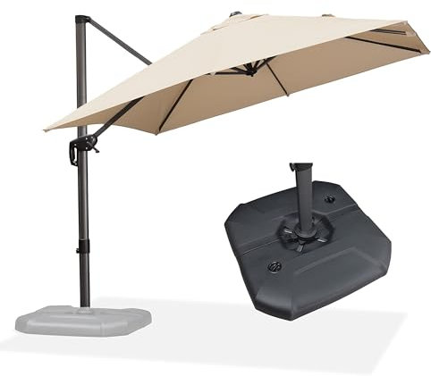 PURPLE LEAF Parasol Déporté 2,5 × 2,5 m avec Base, Parasol de Jardin Extérieur avec Manivelle, 8 Baleines en Aluminium, UV 50+, Inclinaison et Rotation 360° pour Balcon Patio Terrasse, Beige