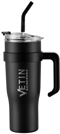 VETIN 40oz Thermobecher mit Strohhalm und Henkel, 1200ml Kaffeebecher to Go, Doppelwandiger Edelstahl Vakuum Isolierbecher, Tragbare Autobecher für Kalte Heiße Getränke (Schwarz-1)