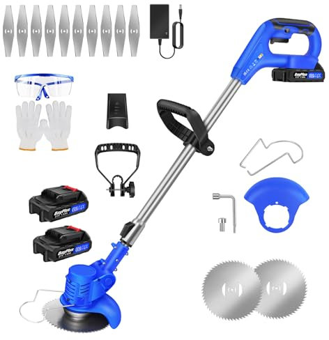 21V Akku Rasentrimmer, Elektrischer Akku Motorsense & Rasentrimmer Rasen mit 1,5Ah Akku & Metall Messer & Teleskopstange, Akku Freischneider für Rasenschneiden und Garten