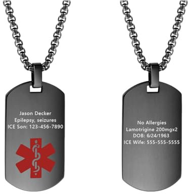 Amsgedhie Collar de alerta médica personalizado con etiqueta roja de identificación de emergencia de acero inoxidable, 60 cm de longitud de cadena, unisex (Negro)