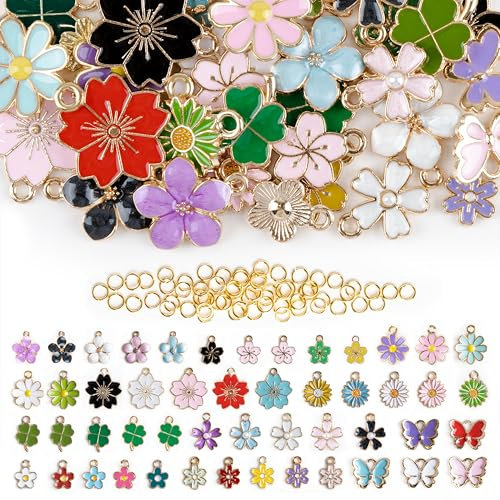 Foshird 50 Stück Emaille Charms Anhänger Armband Charm für DIY Armbänder Ohrringe Halskette Schlüsselanhänger Schmuckherstellung Zubehör Basteln (Blumen, Kleeblätter, Schmetterlinge)